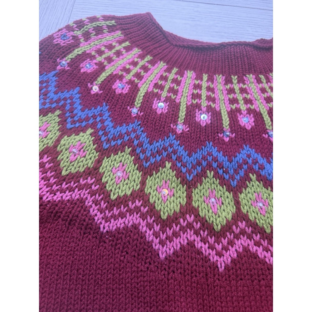 Calvin Klein Jeans Sweater Women Sz XL Berry Round Neck Pullover W/ Sequin boho‎
